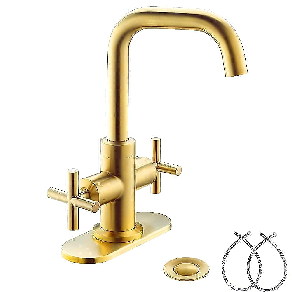 Robinet de Salle de Bain à Deux poignées, entraxe de 10 cm (4 Pouces), avec bonde, Plaque de Montage et Flexibles d'alimentation. Convient pour Les installations de 1 à 3 Trous.