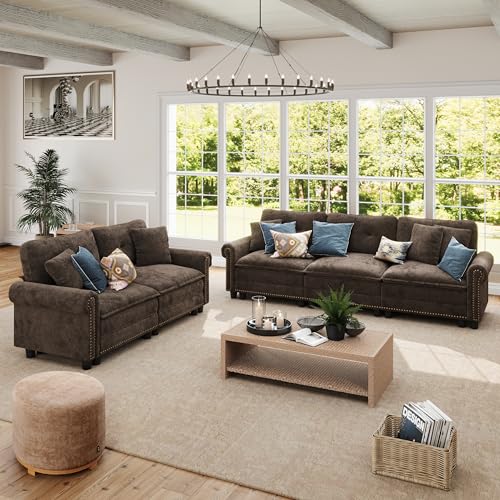 Image of SUNSHINE VALLEY 2-Piece 5-Seater Cloud Modular Sofa Set, Oversized Mid-Century Modern Couch Set with Loveseat and Throw Pillows, Extra Deep & Wider Cushions for Living Room, Chenille Grayish Brown