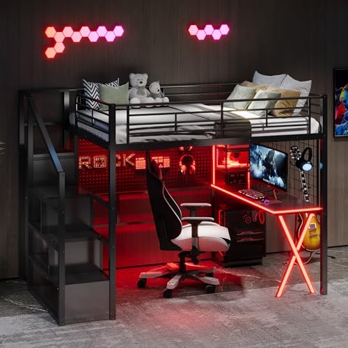 Image of Bellemave Full loft Bed with Storage Stairs, Wardrobe Shelves, Metal Full Loft Beds with LED Lights, Multifunctional Iron Nets for Adults, Kids, Teens, Black