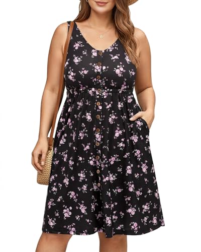 Image of Holipick Women's Plus Size Summer Dresses for Women Casual Dress with Pockets A-Line Swing Button Down Sleeveless V Neck