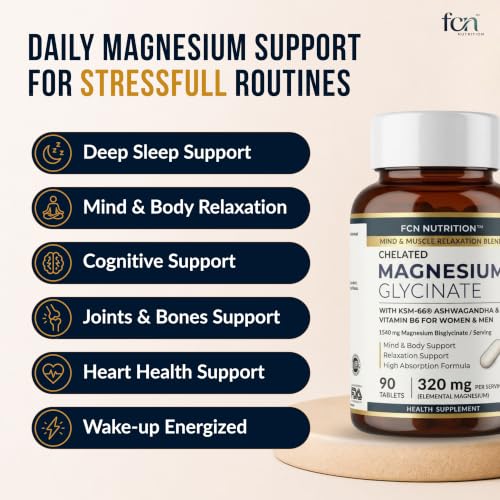 Image of FCN - Magnesium Glycinate Chelated 320mg Per Serving (160mg Per Tablet) with Patented KSM-66 Ashwagandha & Vitamin B6 for Women & Men | Sleep, Stress & Muscle Recovery Support | Vegan | 90 Tablets