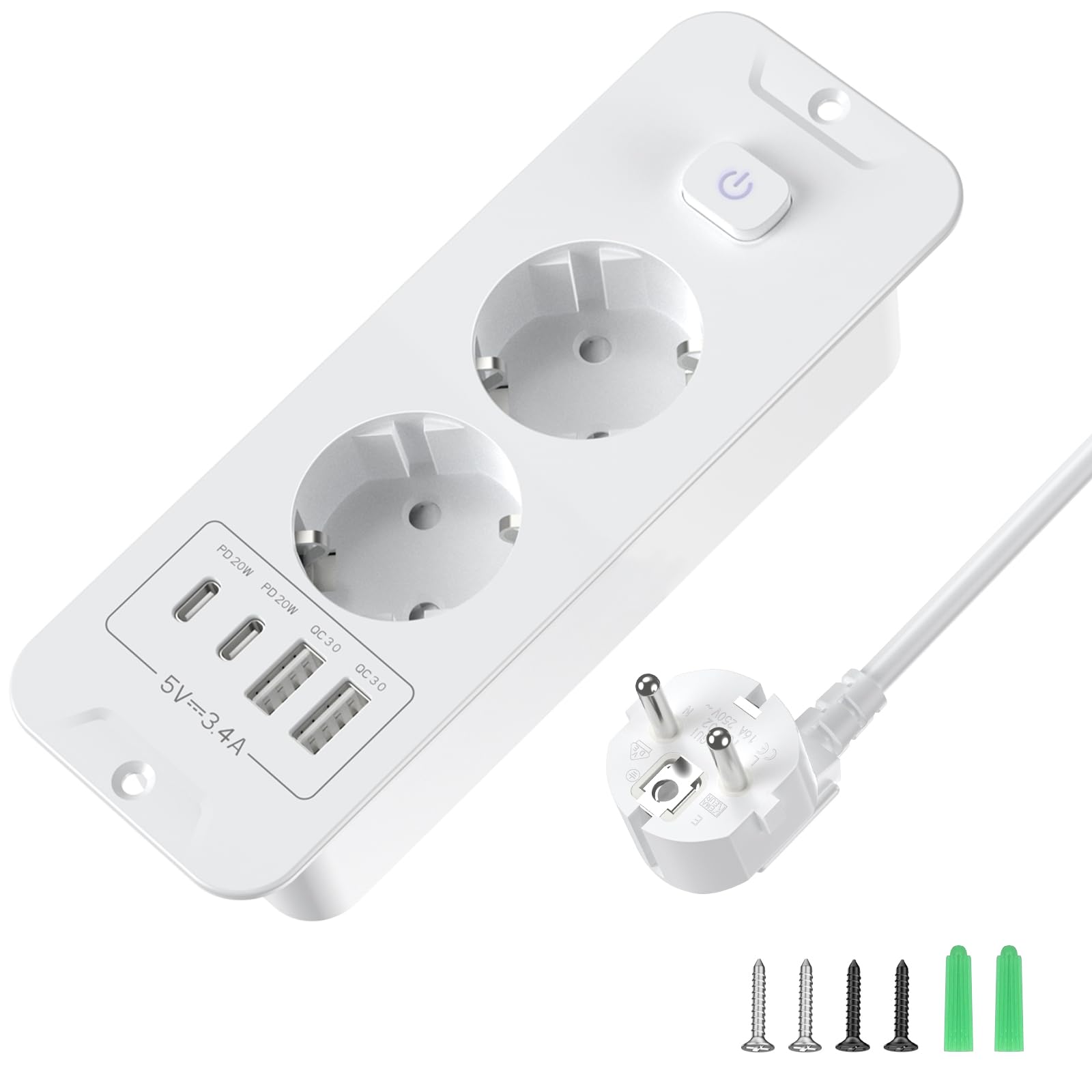 Blat wpuszczane gniazdko z 2 gniazdami USB A i 2 typami C, listwa zasilająca do zabudowy, listwa zasilająca 2 gniazda z 2 m, gniazdko stołowe z przełącznikiem do blatu stołu - białe