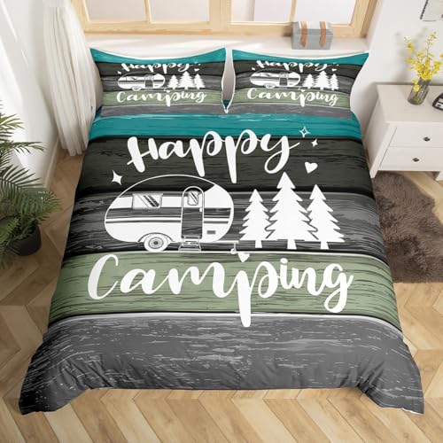 Camper Travel Trailers Decorations,Rustic Farmhouse Style Duvet Cover for Kids Boys Girls Teens,Pine Tree Drawing Design Bedroom Decor Comforter Cover Full(No Filler)