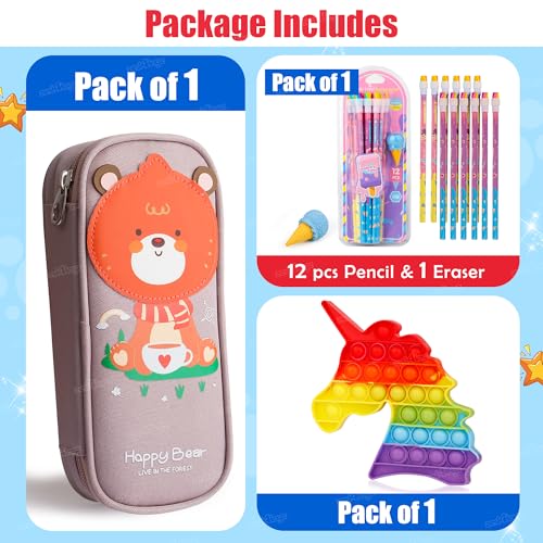 Image of Zest 4 Toyz Cartoon Pencil Case Combo Set with Large Pencil Pouch 12 Pencils with Erasers Rainbow Unicorn Pop It Toy Ideal Gift for Kids Boys and Girls - Multicolor
