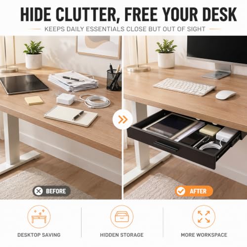 Menkxi 18 x 12 in Under Desk Drawer Slide out Storage Organizer Heavy Duty Metal Pull Handle Drawer for Standing Desk Mounted Sliding Under Table Organizer Tray for Laptop Paper Home Office - Image 7