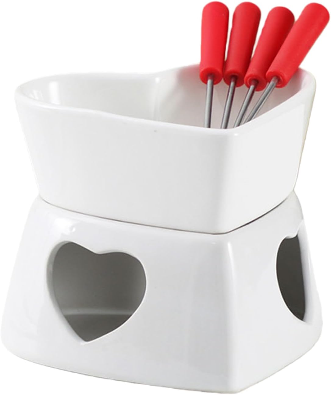 Fondue Mug Set - Ceramic Heatproof Dipping Pot, Smooth Melter Bowl, Dessert Serving Cup with Four Forks | for Candy Cheese Marshmallow Fruit Drinks Festival Birthday Celebration Ev