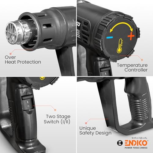 Image of ENDICO DTH2K Heat Gun 2000W with Temperature Control (50-600C), Dual Speed Switch & Long Life Heating Element | Hot Air Gun for Car Wrapping, Paint Removal & Shrink Wrapping | 6 Months Warranty