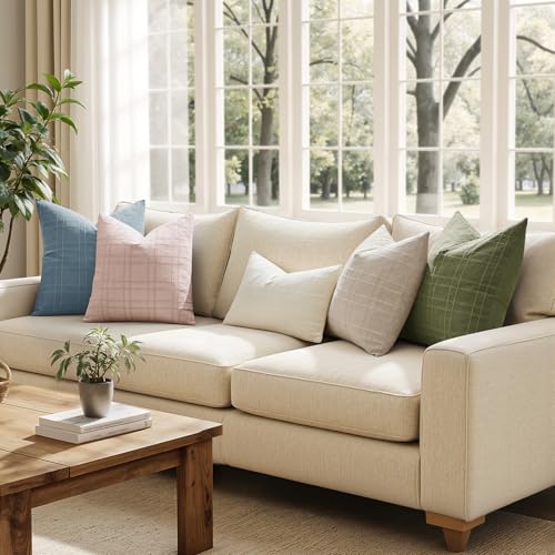 Image of MIULEE Decorative Linen Check Throw Pillow Covers Neutral Farmhouse Vintage Spring Valentine Spring Pillow Covers 18x18 Set of 2 Boho Modern Home Decor for Sofa Couch Bedroom Cushion Light Pink