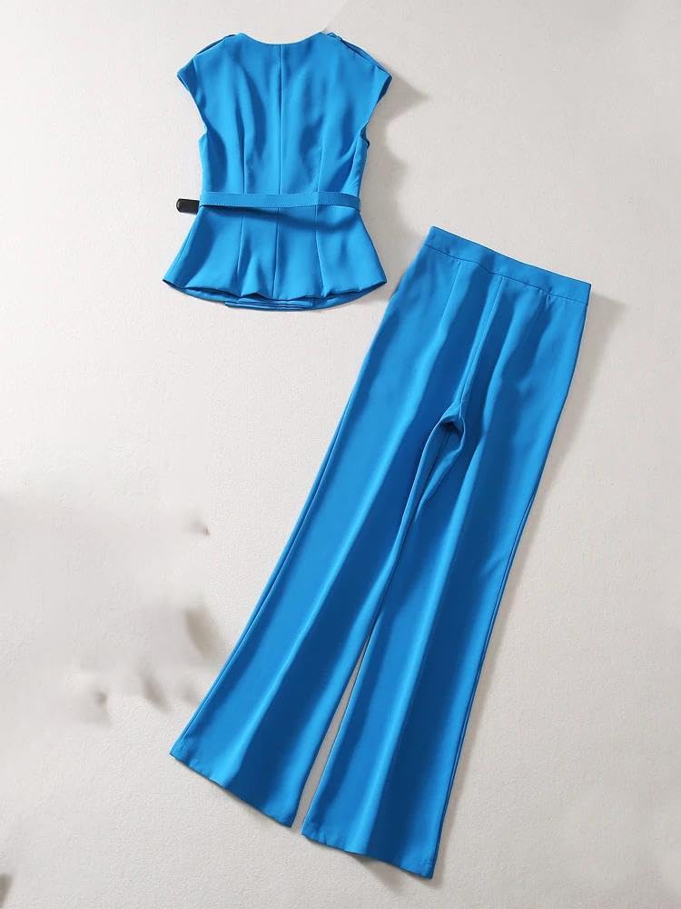Womens Two Piece Pant Suit V Neck Top and Trousers Summer Business Workwear Matching Outfit