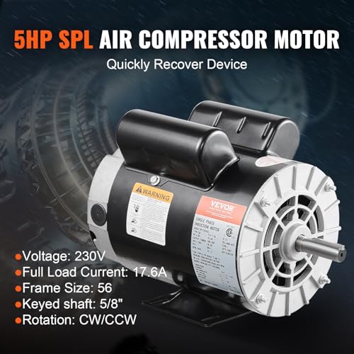 image for VEVOR 5HP SPL Air Compressor Electric Motor, 230V 17.6Amps, 56 Frame 3
