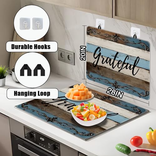 Image of Grateful Stove Top Cover for Electric Stove, Imitation Wood Pattern Range Covers, Blue White Funny Range Top Mats, Glass Cooktop Covers 28x20 inch, Vintage Cooktop Cover for Kitchen Home Decor