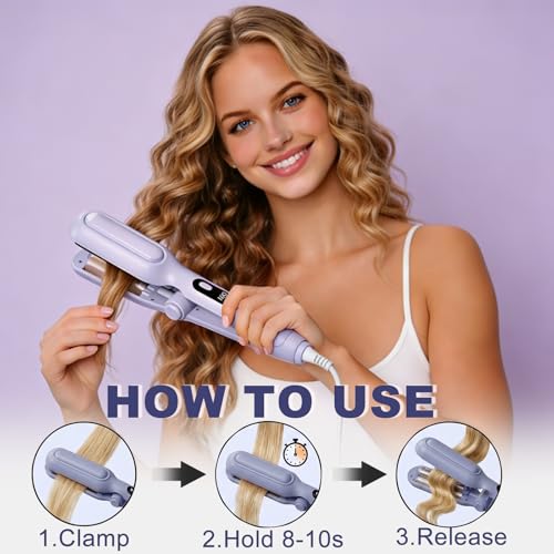 Image of 1&1.25 Inch Hair Crimper for Women to Adjustable Groove - Deep Waver Crimper Hair Tool - Waver Curling Iron - Anti-Scald Tech Hair Waver - Ionic Ceramic Coating for Long-Lasting,Fast Heating,Blue
