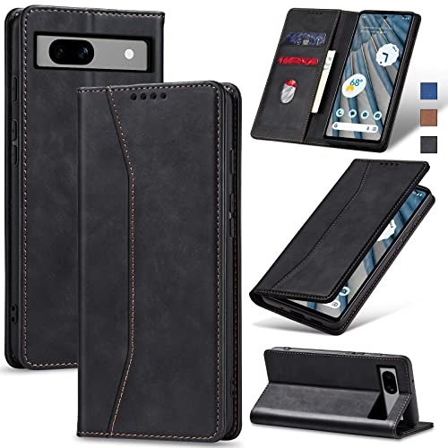 Image of Jasonyu Flip Wallet Case for Google Pixel 7A,Leather Magnetic Folio Cover with Card Holder,Kickstand - TPU Shockproof Durable Protective Phone Case,Black