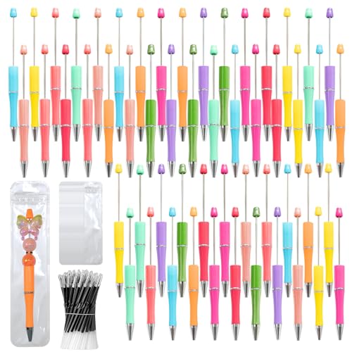 DASTTUIS 150 Pieces DIY Beadable Pens Kit - 50 plastic Beadable Pens Bulk, Refills & pen bags Included - Beaded Pens Black Ink Ballpoint Cute Pens（Bright）