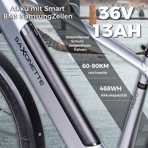 SAXONETTE E Fahrrad Herren 27.5 * 2.35 Zoll mit 36V 13Ah Akku, E Bike Erwachsene mit Hydraulische Scheibenbremse, 7 Gang Kettenschaltung Pedelec mit Federgabel, Gepäckträger für Herren/Männer – Bild 4