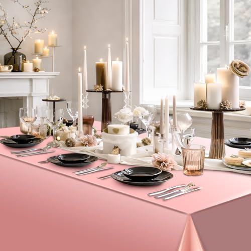 Image of 3 Pack Rose Gold Plastic Tablecloth, Dusty Pink Disposable Rectangle Table Covers, Holographic Metallic Foil Tablecloth Rose Party Supplies Decorations for Birthday Wedding Bachelorette, 54x108Inch