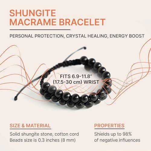 Karelian Heritage Genuine Shungite Stone Macrame Beaded Bracelet with 8 mm Round Beads, Protection Shungite Jewelry | Natural Semi-Precious Crystal Jewelry | Spiritual Healing Chakra Reiki SB1203