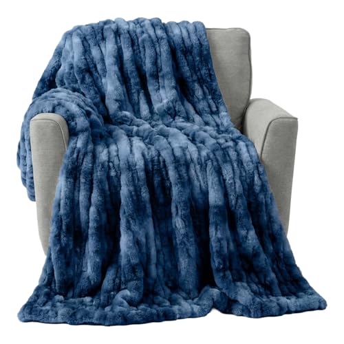 Image of Lavish Home Oversized Ruched Faux Fur Blanket - 60x80-Inch Plush Polyester Faux Fur Queen-Size Throw for Sofas and Beds - Luxurious Bedding (Blue)