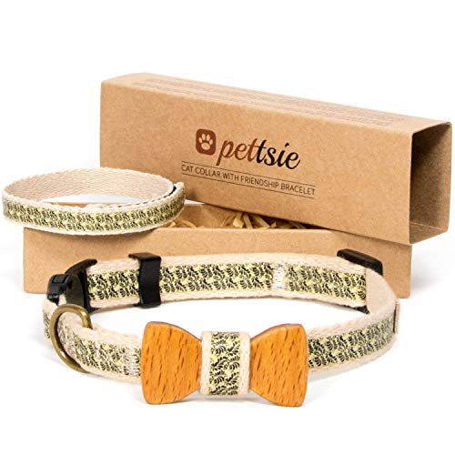 Pettsie collare di sicurezza per gatti con papillon e braccialetto dell'amicizia per te, 100% cotone resistente per una maggiore sicurezza, anello a D per accessori (20,3-28 cm)