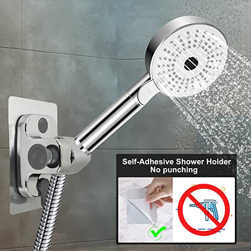 Shower Head Holder With 2 Hanger Hooks, Strong Adhesive Waterproof Handheld Shower Holder, No Drilling Wall Mount Shower Wand Holder, Adjustable Height Wall Mount Shower Holder Bracket, Silver 1 Pack #TOP5