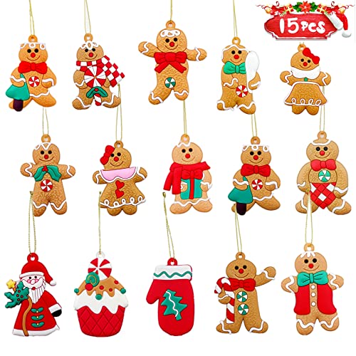 15 Stück Lebkuchen Weihnachten Ornament, Baumhänger Weihnachten,Miniatur Weihnachtsbaumschmuck Hängende Ornamente Mini Dekorationen mit Schnur I JUXINE Cover