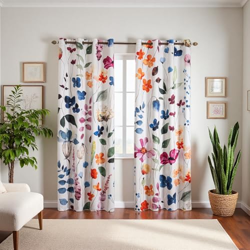 Floral Blackout Curtains 63 inches Long 2 Panels Set, Watercolor Multicolor Flowers Lush Botanical Leaf Plant Print Darkening Thermal Insulated Light Blocking Drapes for Bedroom Living Room 52x63