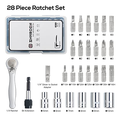 Sharden 1/4 Mini Ratchet Set 28Pcs Right Angle Screwdriver And Bit With Metric Socket Set thumb #3