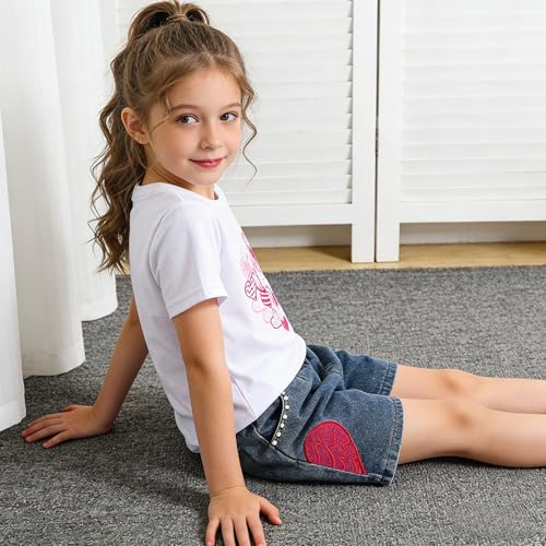 Image of Ayzozuy Kid Girl Clothes Shorts Set 2 Piece Outfits Summer Casual Short Sleeve Top and Shorts Set for Girls 4-7