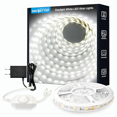 DAYBETTER White LED Strip Light, 20 ft Dimmable Bright Rope Lighting, 6500K 24V Strips, 360 LEDs 2835 Tape Lights for Bedroom, Kitchen, Mirror, Home Decoration(1 Roll)