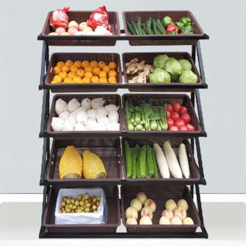 MZZKFC 4 5 Shelf Floor Standing Snack Display Stand, Large Kitchen Potato Onion Produce Racks with Green Brown Baskets, Home Retail Store Fruit Vegetable Food Storage(Color:Brown,Size:5tiers)