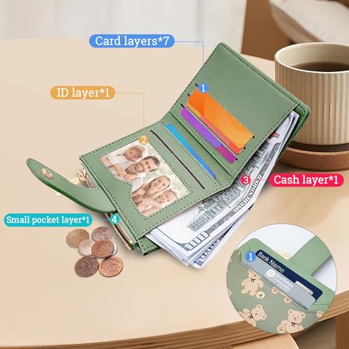 Cute Wallet for Women, Bear Print Zip Bifold Wallet with Front Card Slot, ID Window, Cash Slot, Short Women Wallet Elegant Youthful and Cute (Brown)3