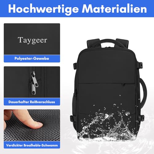 Taygeer Handgepäck Rucksack 55x40x20, Reiserucksack Handgepäck Flugzeug Herren, 44L Groß Laptop Rucksack 18.4 Zoll, Travel Backpack Wasserabweisend Damen für Lufthansa Ryanair, Schwarz