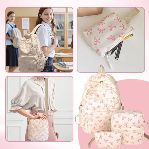 Cute Girls School Backpack with Bow, Lightweight Bookbag for Teenage Secondary School, Pink Rucksack for Women, Waterproof College Bag for Girls - Image 5