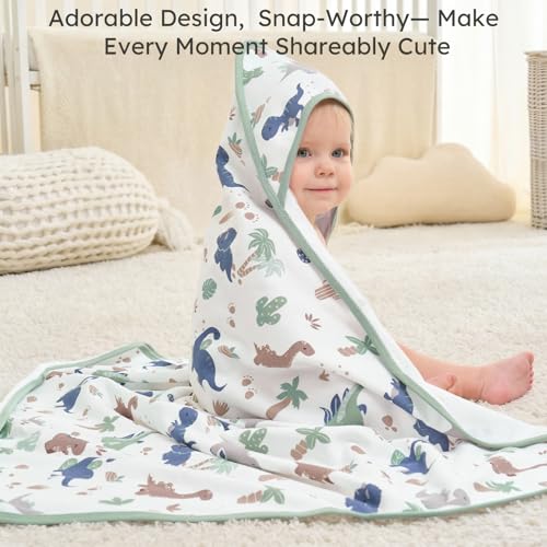 Image of Hooded Baby Towels for Newborn,100% Cotton Baby Bath Towels with Hood for Infant Toddler Boy Girl, 2 Pack 32x32 Inch Soft & Absorbent Knit Terry Bath Essentials Green Dinosaur