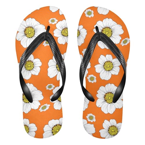 White Flower Orange Flip Flops for Beach Thong Sandals Anti-slip Lightweight Flat Slippers for Summer Outdoor Travel