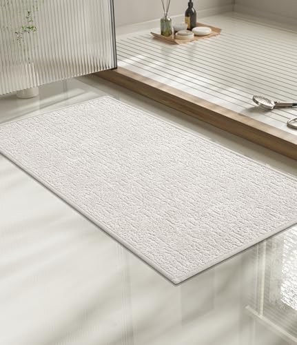 chakme Bathroom Rugs Mat 32x17 Ultra Thin Non Slip Bath Mat Quick Dry Absorbent Bath Mat for Bathroom Floor (White 32x17)