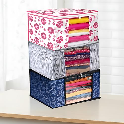 Image of Large Capacity Non-Woven Storage Bags | Wardrobe Organizer for Clothes, Sarees & Blankets with Heavy-Duty Zipper | Set of 3 (Blue-Red-Grey) | Foldable Dust-Proof Closet & Bedroom Storage