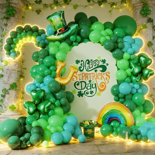 Image of 160Pcs St Patricks Day Green Balloons Arch Garland Kit with Lucky Shamrock Clover /Hat /Rainbow /Horseshoe Jumbo foil balloons for Saint Patrick's Day Irish Festival Party Decorations