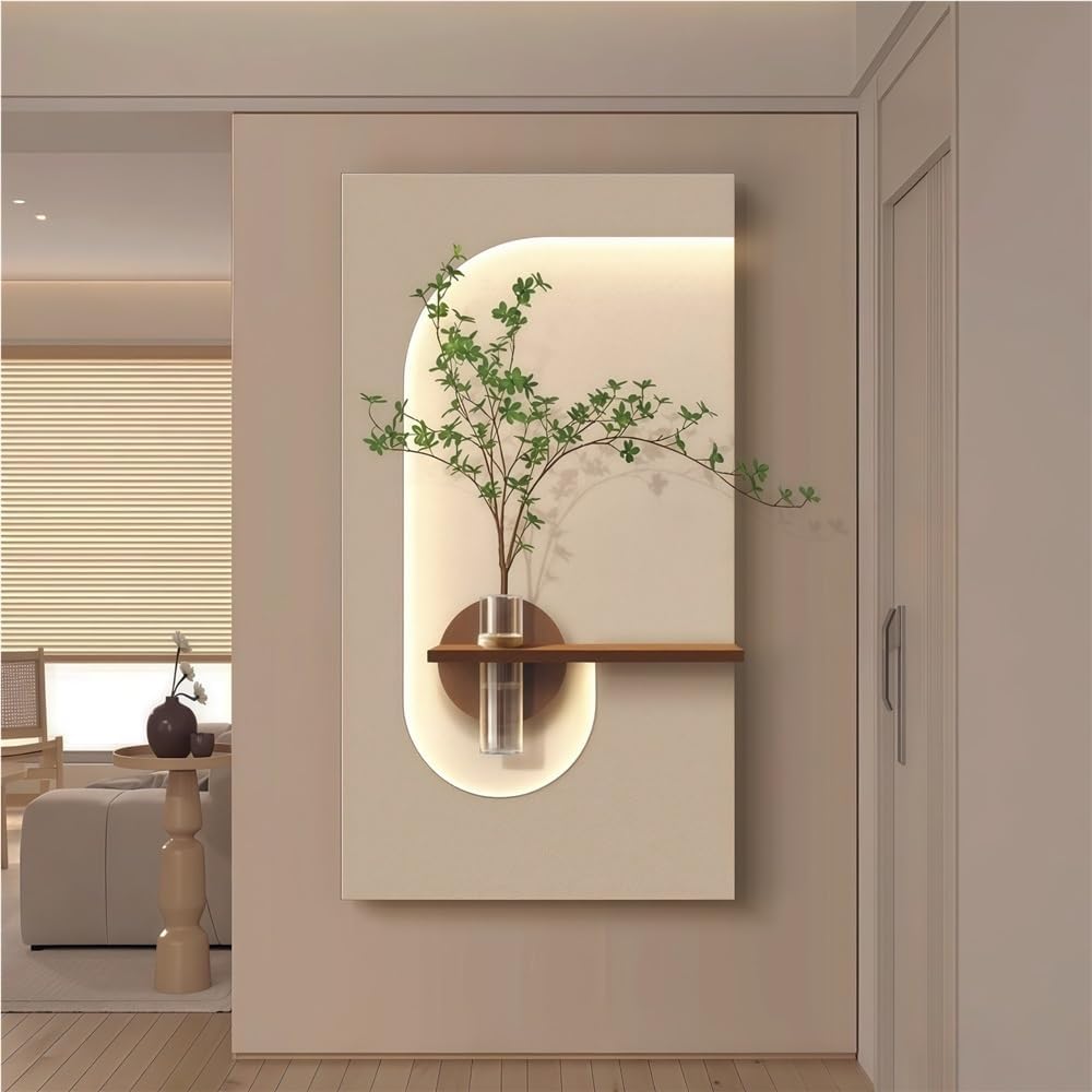TJTKWIR Wall Painting Decoration for Entry, Luminous 3D Wall Sculpture Painting Decor with Fake Plants and Glass Vase, Sandstone Wall Mural for Living Room Bedroom(Yellow,X-Large)