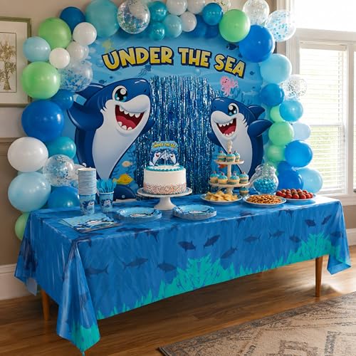 Image of Blue Orchards Shark Table Covers (Pack of 3) - 54 inch x 108 inch XL - Plastic Tablecloths for Birthday, Ocean Theme Decorations, Under the Sea Party Supplies, Sea Animal Party for Kids