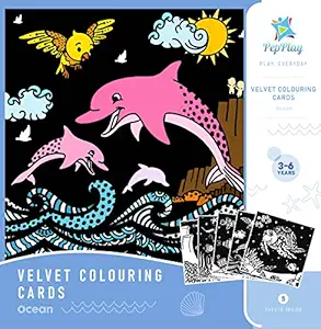 Velvet Coloring Card Kit, Set of 5 Travel Friendly, No Mess Art for Kids, Art and Craft, Ocean Theme Colouring, DIY Activity, Sea Animals Drawing, Gifts for Kids Ages 3+