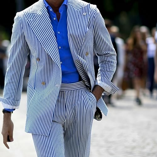 Mens Seersucker Suit Summer 2 Pieces Slim Fit Striped Suits Grooms Sear Sucker Suit for Wedding Men Formal Suits3