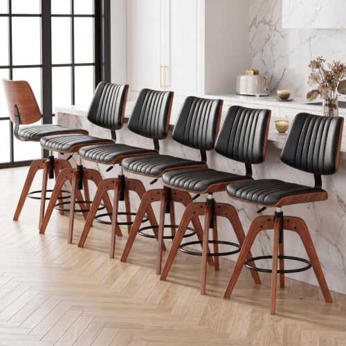 Image of Bar Stools Set of 6, Adjustable Swivel Counter Height Kitchen Island | Set of 6 Mid Century Counter Stools, Swivel Barstools with Back, Faux Leather Upholstered Bar Chair with Back