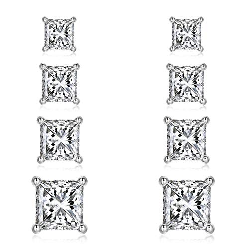 4 Pairs 925 Sterling Silver Princess Cut Cubic Zirconia Stud Earrings Set | Small Cartilage CZ Hypoallergenic Tragus Piercing Earrings for Women Men 3mm 4mm 5mm 6mm