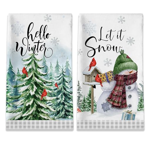 Winter Kitchen Towels Hello Winter Towels Set of 2 Christmas Tree Snowflakes Dish Towels for Kitchen with Black White Buffalo Plaid Cardinal Let It Snow Seasonal Gifts Decor for Home 18x28 Inches