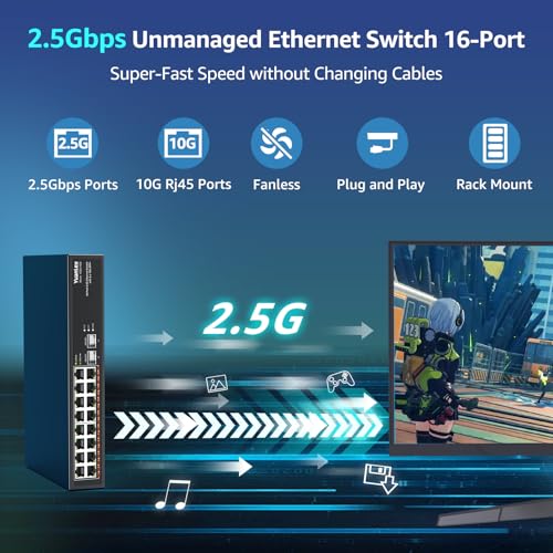 Image of YuanLey 18 Port Unmanaged 2.5G Ethernet Switch, 16 x 2.5G Base-T Ports and 2 x 10G RJ45 Ports, Metal Multi-Gigabit Network Switch Compatible with 100 /1000 /2500Mbps, Ideal for 2.5G /10G NAS, WiFi 6 AP