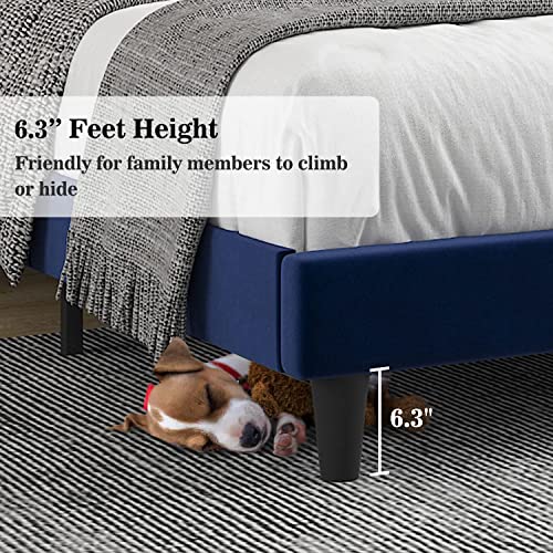 Image of Allewie Queen Platform Bed Frame /Velvet Upholstered Bed Frame with Vertical Channel Tufted Headboard /Strong Wooden Slats /Mattress Foundation /Box Spring Optional /Easy Assembly /Navy Blue