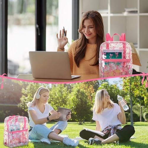 Image of Aliceset Coquette Pink Bow Backpack Stadium Approved 12x6x12 Small Water Proof Pink Clear Backpack for Back to School Women Stadium Events Concert Work Sport Event Travel