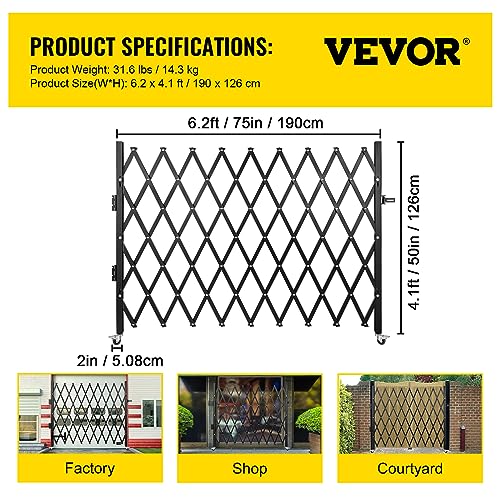VEVOR Einzelnes Sicherheitstor, Falttürtor, Akkordeon-Sicherheitstor aus Stahl, 131x 188 cm Erweiterbares Sicherheitstor, 360° Rollendes Barrikadentor, Scherentor oder Tür mit Vorhängeschloss