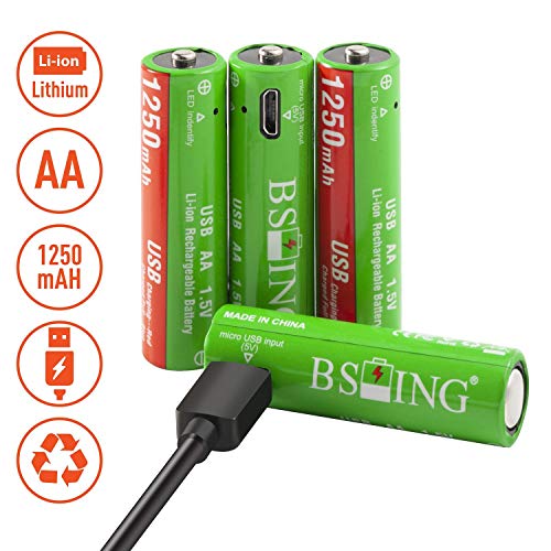 Insten Rechargeable Lithium AA Batteries [4 Pcs Set] with USB Charging Port, 1250mAh 1.5V Fast Charge Lithium-Ion Double A Battery, Includes 2-in-1 Micro USB Charger Cable [Full Charge in 1.5 Hours]